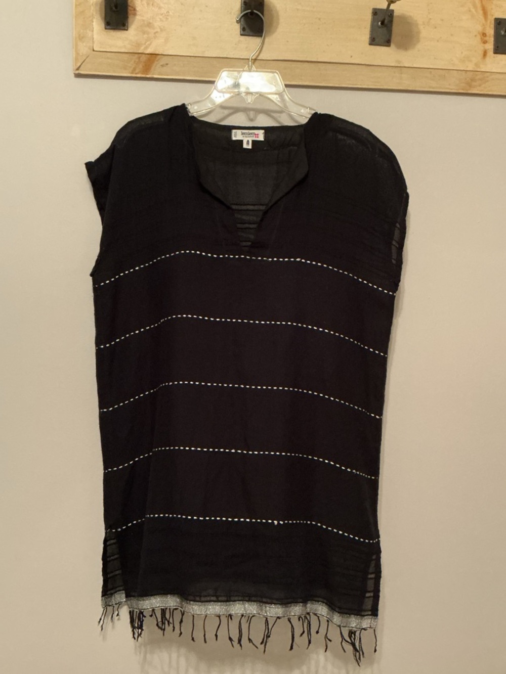 Lemlem Tikuri Tunic Swim Coverup Dress, Black, Silver Thread & Fringe Hem, Small - Picture 8 of 14